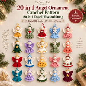 Op de afbeelding: Een digitaal PDF-pakket met een 20-in-1 engel ornament haakpatroon. De afbeelding toont twintig unieke, kleine, kleurrijke gehaakte engelfiguren met diverse jurkontwerpen, vleugelstijlen en decoratieve accenten zoals sterren en bloemen.