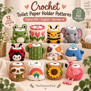 Puede incluir: Una colección de 12 fundas de ganchillo para papel higiénico con diseños de animales y plantas, incluyendo una rana, mariquita, cactus, gato, ballena, perezoso, arcoíris, girasol y flamenco. El texto dice Crochet Toilet Paper Holder Patterns.