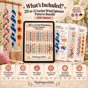 Bottom row of crochet hanging decorations featuring braided spirals, leaves, daisies, fan shapes, bobble details and a lantern-style design