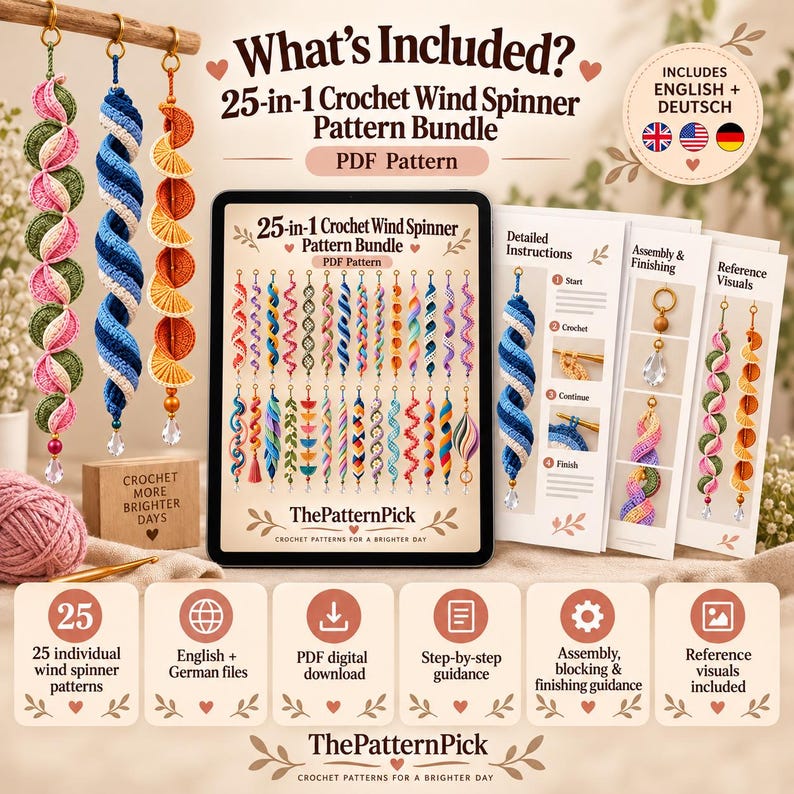 Bottom row of crochet hanging decorations featuring braided spirals, leaves, daisies, fan shapes, bobble details and a lantern-style design