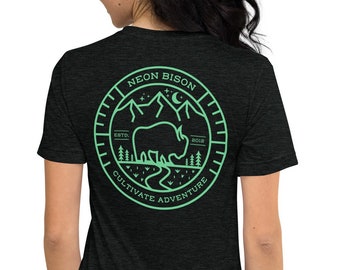 Neon Bison Tshirt, Double Sided front and back Unisex Tee, S through 3xl, Dark Heather Gray with Mint, Cultivate Adventure