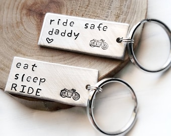 Motorcycle Keychain - Choice of Eat Sleep Ride, Ride Safe Daddy - Cruiser Bike Key Chain Gift for Husband or Dad