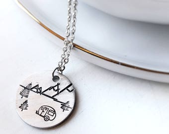 Camper RV Necklace, Happy Camper Vintage Travel Trailer Jewelry with Mountain and Tree Scene, Women Who Camp Nature Travel Outdoor Road Trip