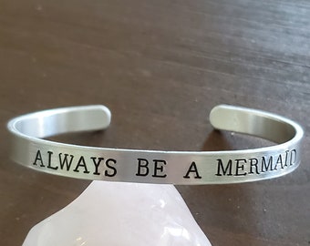 Always Be A Mermaid Bracelet, Mermaid Jewelry, Hand Stamped Cuff Beach Bracelet, Red Hair and Seashells, Sea Jewelry, Greek Mythology,