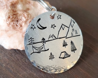 Tent Camping Scene with Hammock Keychain - Night Time Camp in the Mountains Key Ring