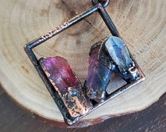 Aura Quartz Necklace, Pastel Crystal Pendant, Geometric Shaped Copper Electroformed Jewelry