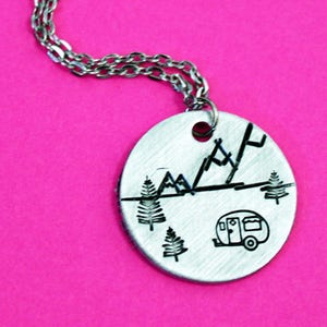 Camper RV Necklace, Happy Camper Vintage Travel Trailer Jewelry with Mountain and Tree Scene, Women Who Camp Nature Travel Outdoor Road Trip image 2