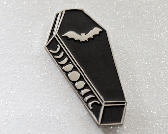 Coffin Pin, Halloween Enamel Pin, Bat and Moon Phases, Hat Lapel Pin, Oddities Curiosities Spooky Coffin Jewelry, Vampire Bat, Badge Flair