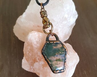 Coffin Moss Agate Necklace, Natural Green Gemstone Jewelry, Witchy Electroformed Coffin and Hand