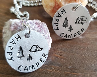 Happy Camper Necklace, Tent or RV Travel Trailer Jewelry, Adventure Vacation Gift