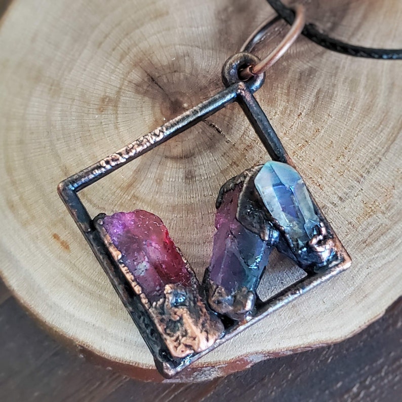 Aura Quartz Necklace, Pastel Crystal Pendant, Geometric Shaped Copper Electroformed Jewelry image 1