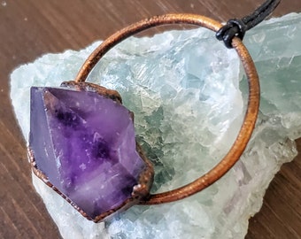 Raw Amethyst Necklace, Big Copper and Chunky Gemstone Pendant Jewelry
