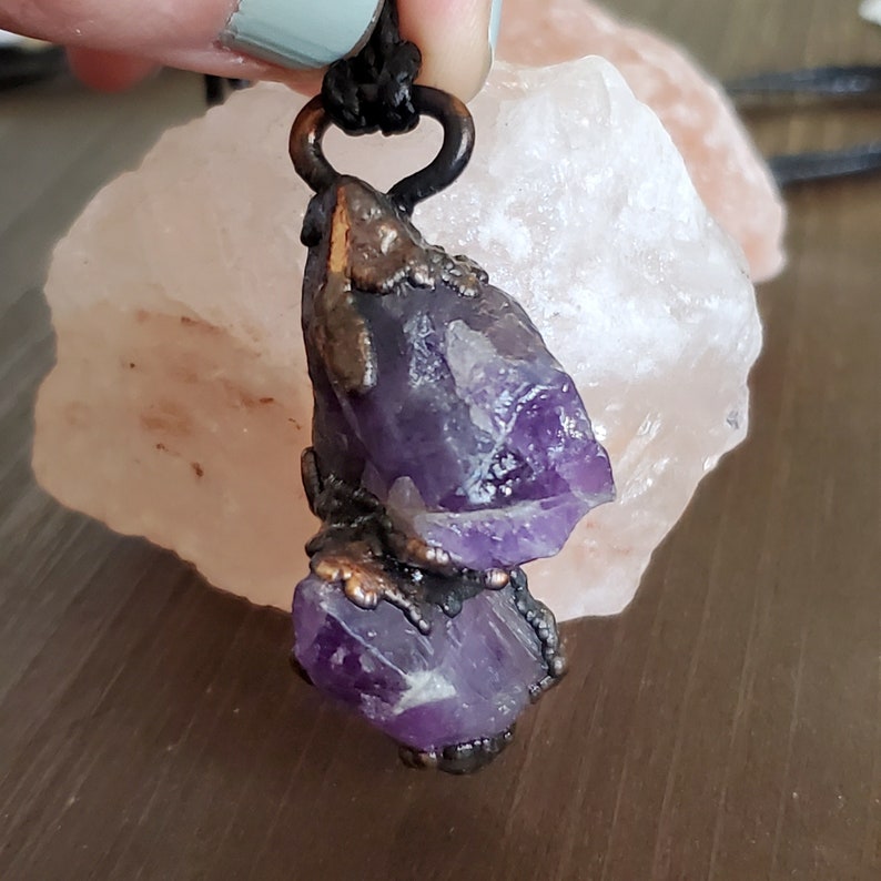 Amethyst and Copper Necklace, Raw Purple Gemstone Crystal Pendant Jewelry, February Birthstone image 1