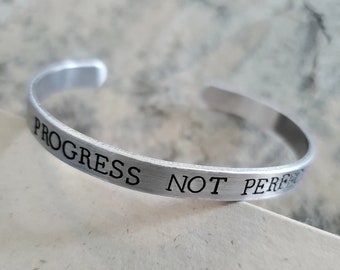 Progress Not Perfection bracelet - Motivational positive mantra, Inspirational cuff bracelet jewelry