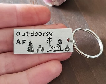 Outdoorsy AF Keychain, Tree and Hammock Camping Key Ring, Forest Camp, Outdoor Adventure Key Chain