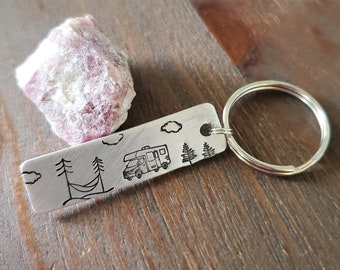 Camper Keychain, Class C RV Camper Van and Hammock Key Chain, Nature Adventure Camping Scene Key Ring