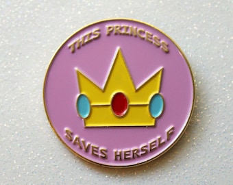 Crown Enamel Pin, This Princess Saves Herself Hat Lapel Pin, Badge Flair, Feminist Patriarchy Pastel, Gold and Pink, Feminism, Girl Power