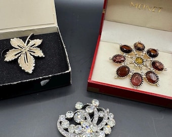 May include: Three brooches: a gold-tone leaf brooch in a Sarah Coventry box, a flower-shaped brooch with brown and yellow stones in a red Monet box, and a silver-tone brooch with clear crystals arranged in a cluster with a dangling crystal drop.