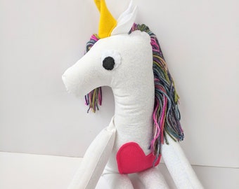 Big Unicorn Plush: Yarn Rainbow Hair, Hot Pink Heart, Stuffed Animal