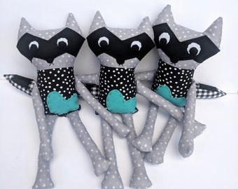 Black and Gray Raccoon Stuffed Animal with Striped Tail and Aqua Hand-stitched Heart