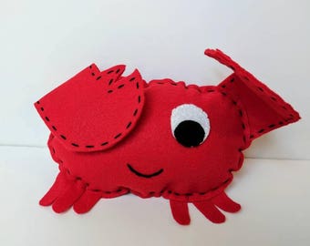 Red Stuffed Crab Plushie: Hand Stitched Peekaboo Toy
