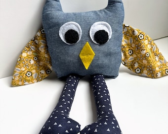 Stuffed Animal Owl Plush with Long Legs and Fun Patterned Fabric