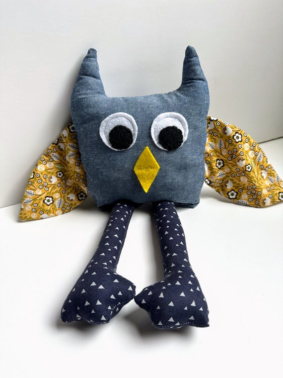 Stuffed Animal Owl Plush with Long Legs and Fun Patterned Fabric