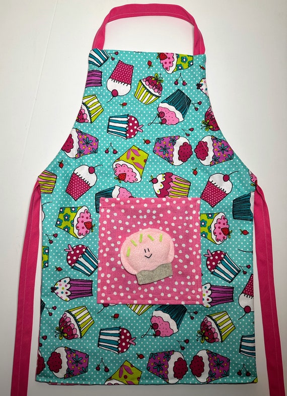 Kid Size Adjustable Double Sided Apron in Pink Cupcake Print with Felt Cupcake Pocket Pal