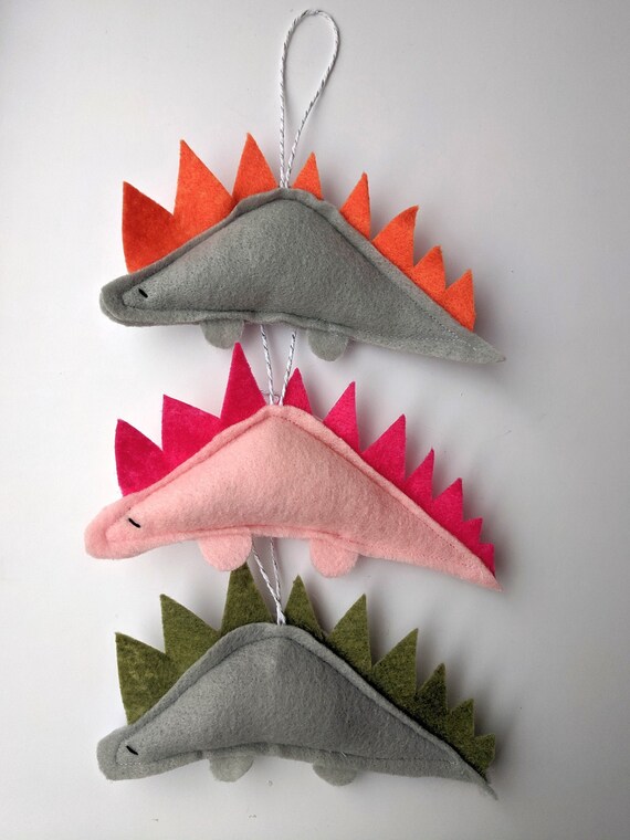 Felt Dinosaur Ornament in Gray and Pink/  Cute  Stegosaurus Dino Ornament