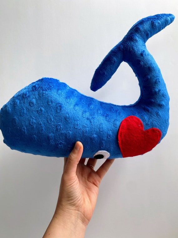 Big Blue Stuffed Whale Plush with Red Heart / Super Soft Whale Plush