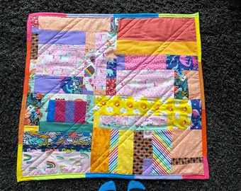 Colorful Crazy Quilt Baby Blanket: Bright Scrap Fabric, Rainbow Binding