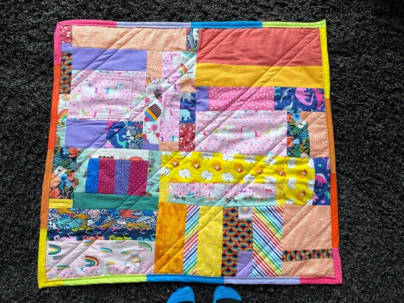 Colorful Crazy Quilt Baby Blanket/ Bright Color Scrap Quilt Baby Blanket with Rainbow Binding