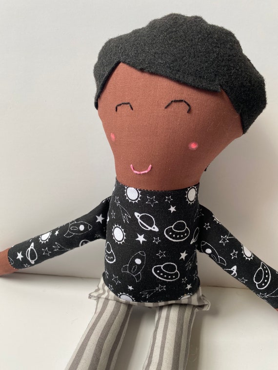 Cute Boy Rag Doll in Space Print Shirt and Striped Pants / Astronomer Boy Cloth Doll