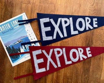 Simple Explore Maroon and Navy Felt Pennant -  24" x 9"