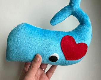 Stuffed Whale Plush with Super Soft Fabric, Big Felt Eyes, and Hand-Stitched Heart