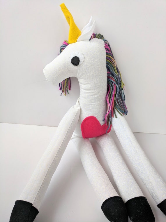 Big Unicorn Stuffed Animal Plush with Magical Yarn Rainbow Hair, Chunky Legs, and Hot Pink Heart