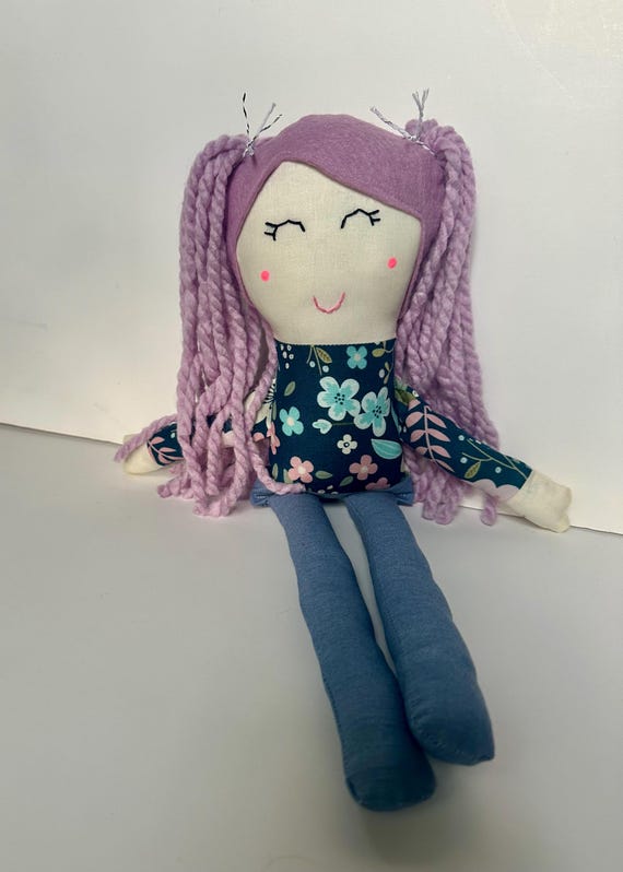 Lilac Purple Yarn Hair Cloth Doll: Flower Top, Blue Jean Pants