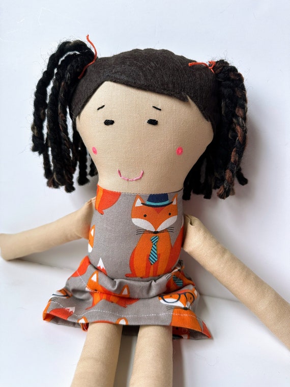 Cloth Doll with Brown Hair, Tan Skin, and a Cute Fox Patterned Top and Matching Removable Skirt