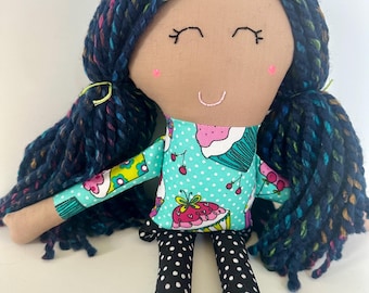 Blue Yarn Hair Cloth Doll: Cupcake Top, Polka Dot Pants