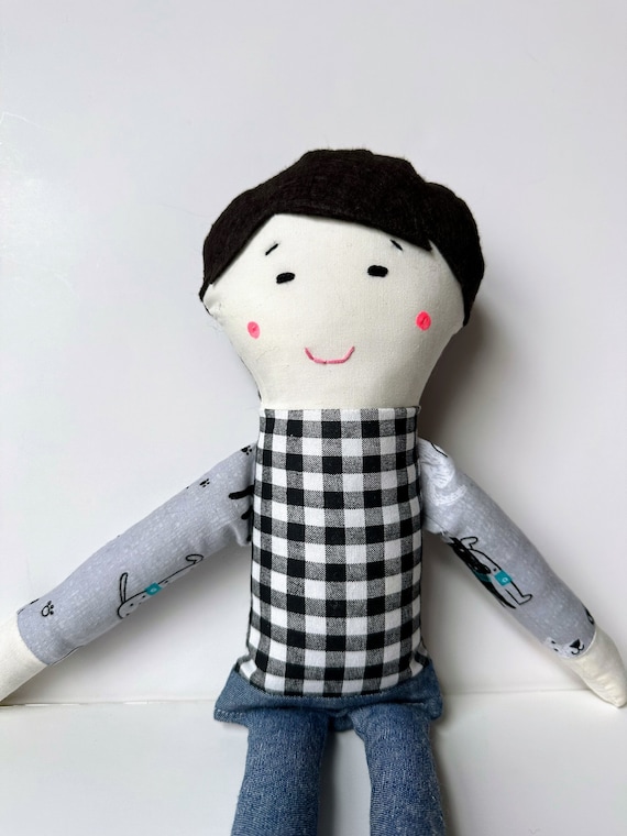 Cute Boy Rag Doll in Dog Print and Checkered Shirt / Brown Hair Boy Cloth Doll