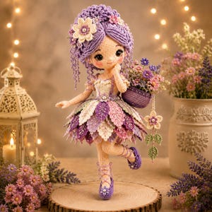 Könnte beinhalten: Eine handgefertigte Häkelpuppe mit violettem Haar, verziert mit einer cremefarbenen Blume, trägt ein Kleid aus geschichteten blattförmigen Blütenblättern in Violett, Rosa und Creme. Die Puppe hält einen Korb mit Blumen und trägt geschnürte Schuhe.