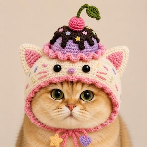 Pode incluir: Um gorro de crochê cor de creme para gato com orelhas internas cor-de-rosa, granulados bordados e uma decoração de sundae no topo com calda de chocolate castanha, uma cereja rosa e uma folha verde, com laços e pingentes de estrela e coração.