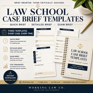 Op de afbeelding: Een set sjablonen voor juridische casusanalyses, inclusief Quick Brief, Detailed Brief en Exam Brief formaten. De printbare PDF-documenten bevatten gestructureerde secties voor casusanalyse, juridische redenering en de IRAC-methode voor rechtenstudenten.