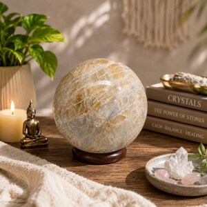 Puede incluir: Una piedra esférica pulida con una textura veteada en tonos beige, bronceado y gris azulado suave. La esfera descansa sobre un pequeño soporte circular de madera oscura, mostrando vetas minerales naturales y una superficie lisa.