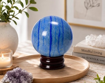 177mm Rare Blue Dumortierite Sphere with Stand, Extra Large Natural Crystal Ball for Stress Relief & Focus, Statement Home Altar Decor