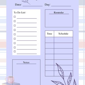 May include: A light purple study planner page featuring a plaid background, a desk lamp icon, and floral line art. The layout includes sections for Date, Day, To Do List with checkboxes, Reminder, a Time and Schedule table, and a Notes box.