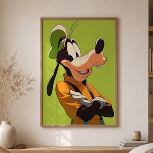 Pode incluir: Uma impressão de arte de parede emoldurada apresentando um personagem de desenho animado com um focinho longo, dois dentes superiores proeminentes e um chapéu verde. O personagem usa uma camisa laranja com alças pretas e luvas pretas sobre fundo verde.