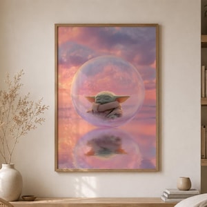 Baby Yoda Bubble Poster - Grogu Star Wars Väggkonst, Mandalorian Söt Rymdtryck, Pastell Galaktisk Estetisk Rumdekor