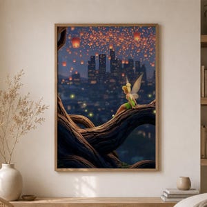 May include: A framed wall art print featuring a small fairy with blonde hair and translucent wings sitting on a large, textured tree branch. The background displays a dark city skyline at night illuminated by numerous glowing orange lanterns.