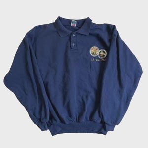 Vintage 1990s LA County Fire Dept Heavyweight Polo Sweatshirt L 90s Kellsport WEK Navy Blue Double Patch Pullover Made in USA Retro Workwear
